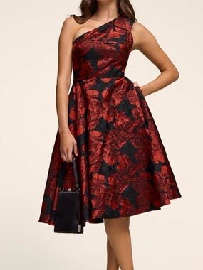 Le Chateau One-Shoulder Red Floral Fit-and-Flare Dress